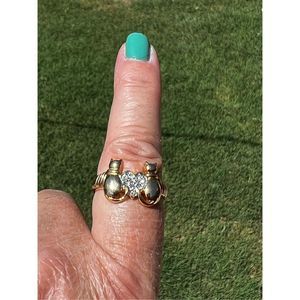 Size 10 Kitty Cat Heart Love Simulated Rhinestone Ring Gold Tone Costume Jewelry